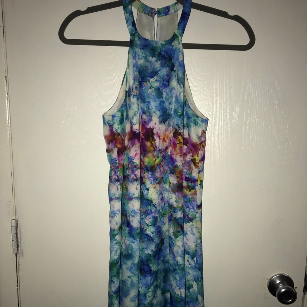 Charlie Jade watercolor halter dress, length just above the knee. Fits XS-S